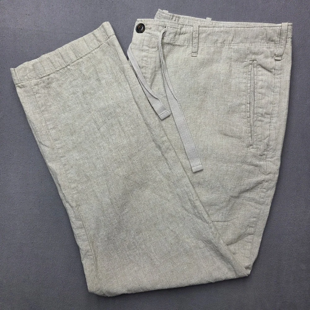 Perry Ellis Mens 38x30 Linen Blend Drawstring Pants Beige Straight Leg Size